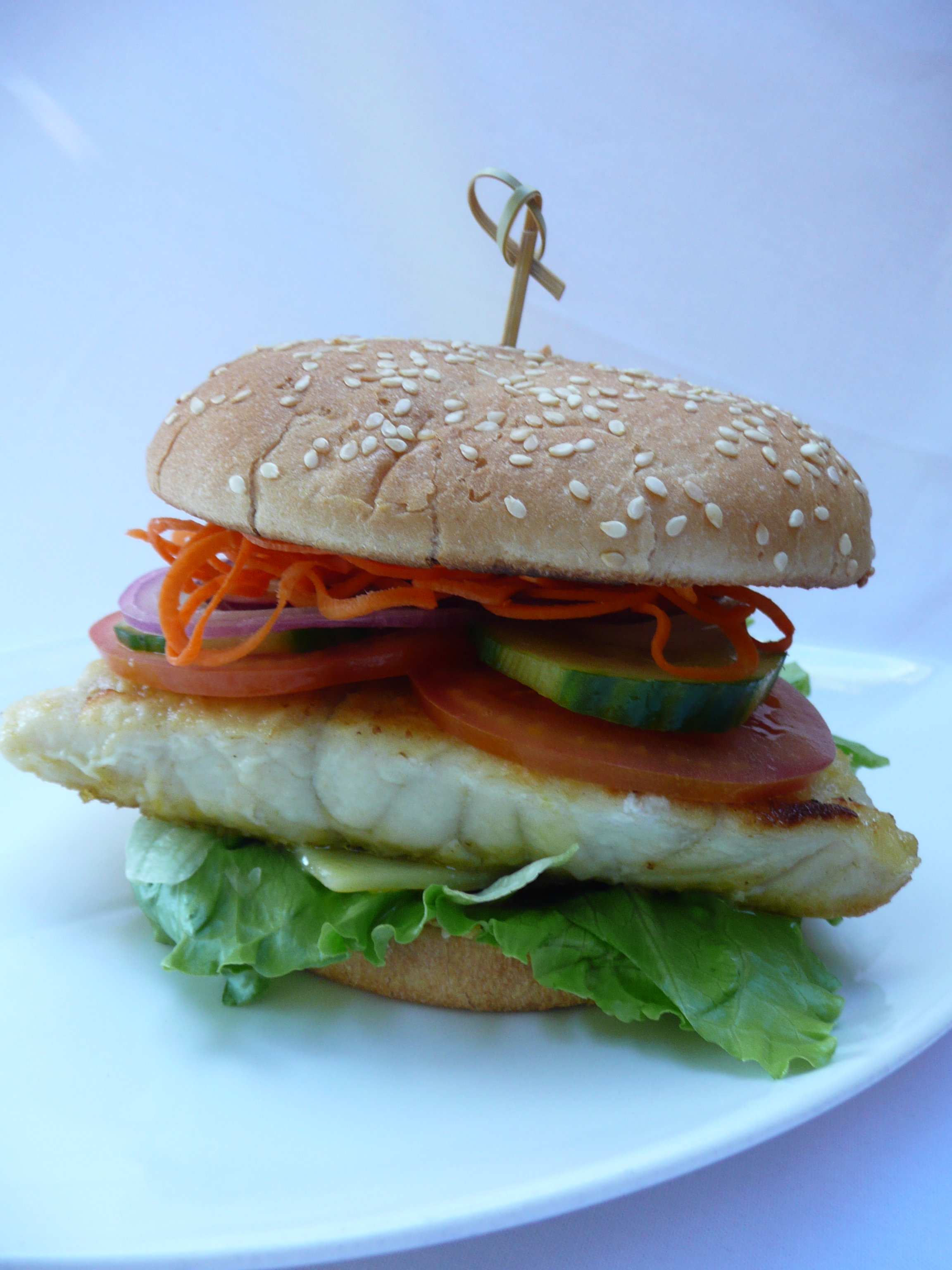 Our Barra Burger.  Barramundi is a highly-prized fighting fish that is sourced locally.